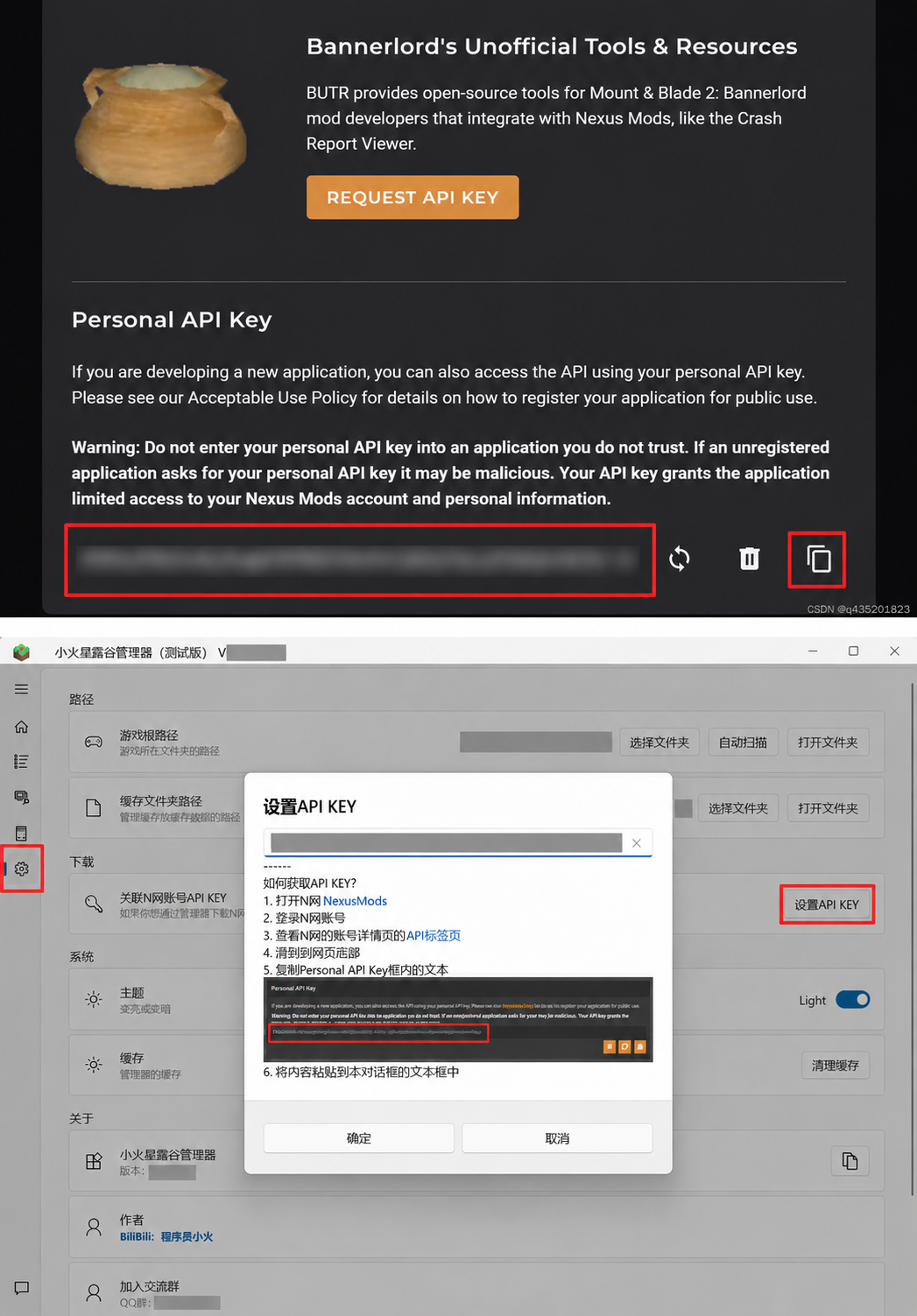 Nexus API Key 页面与 FireSVM 设置对话框